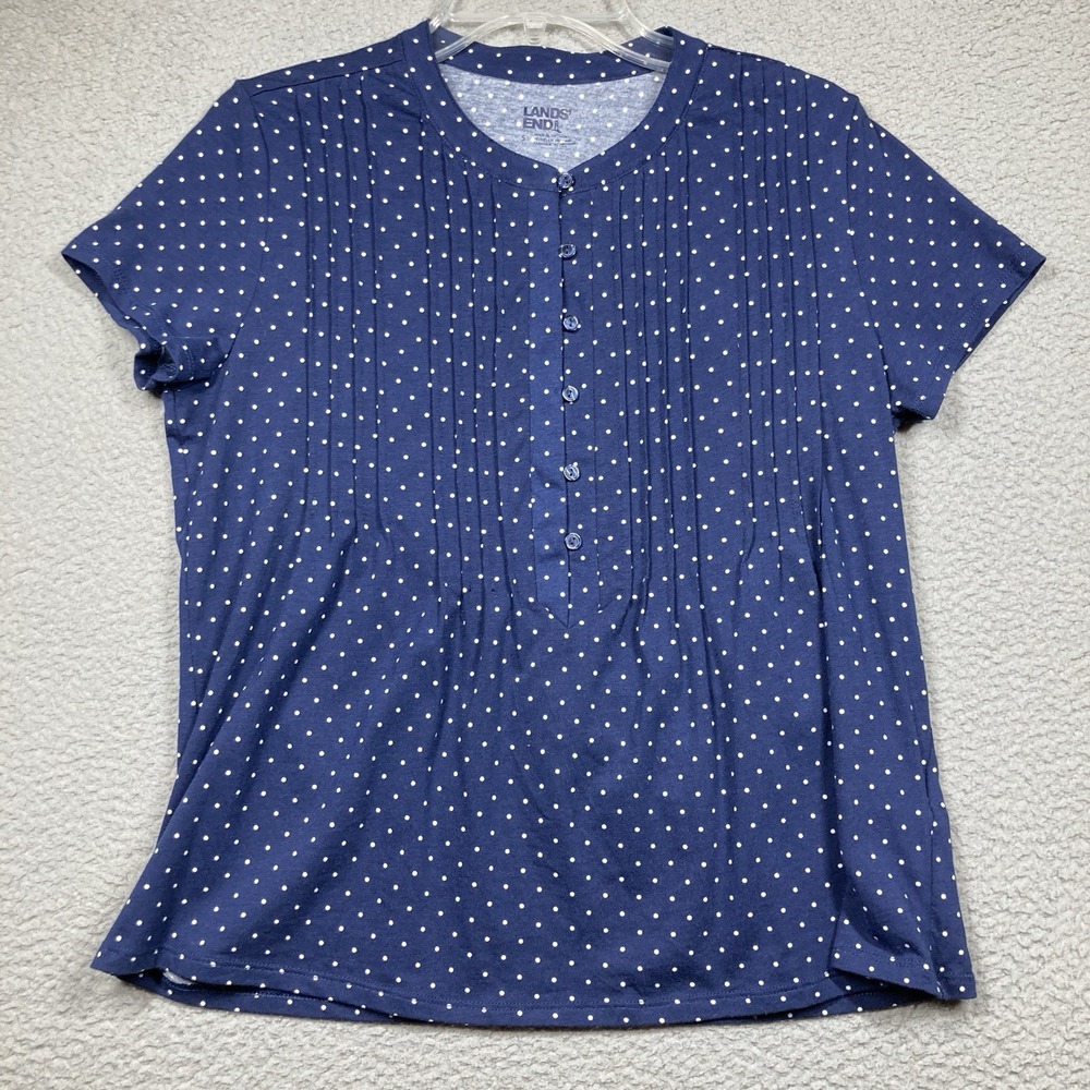 Lands' End Top Womens Small Blue Polka Dot Pin Tuck Short Sleeve Stretch Casual